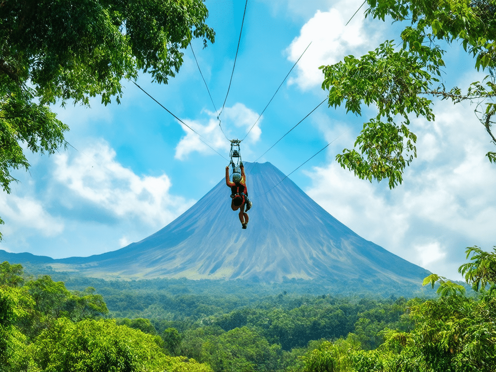 découvrez l'adrénaline pure avec la tyrolienne géante à la fortuna, costa rica. survolez la jungle tropicale et admirez des paysages époustouflants tout en vivant une expérience inoubliable en pleine nature.
