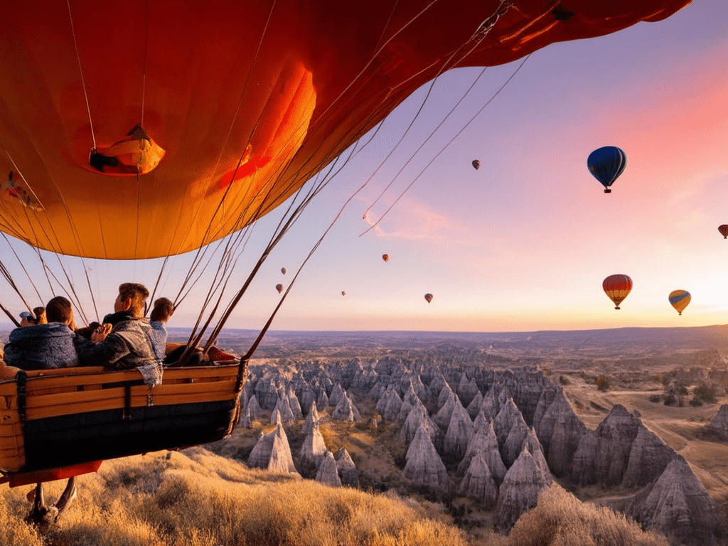 vivez une expérience inoubliable en survolant la cappadoce en montgolfière. admirez les paysages féériques au lever du soleil et laissez-vous émerveiller par la magie de l’aube qui illumine ce décor unique. une aventure à ne pas manquer pour découvrir la beauté de la nature d'une manière inédite.