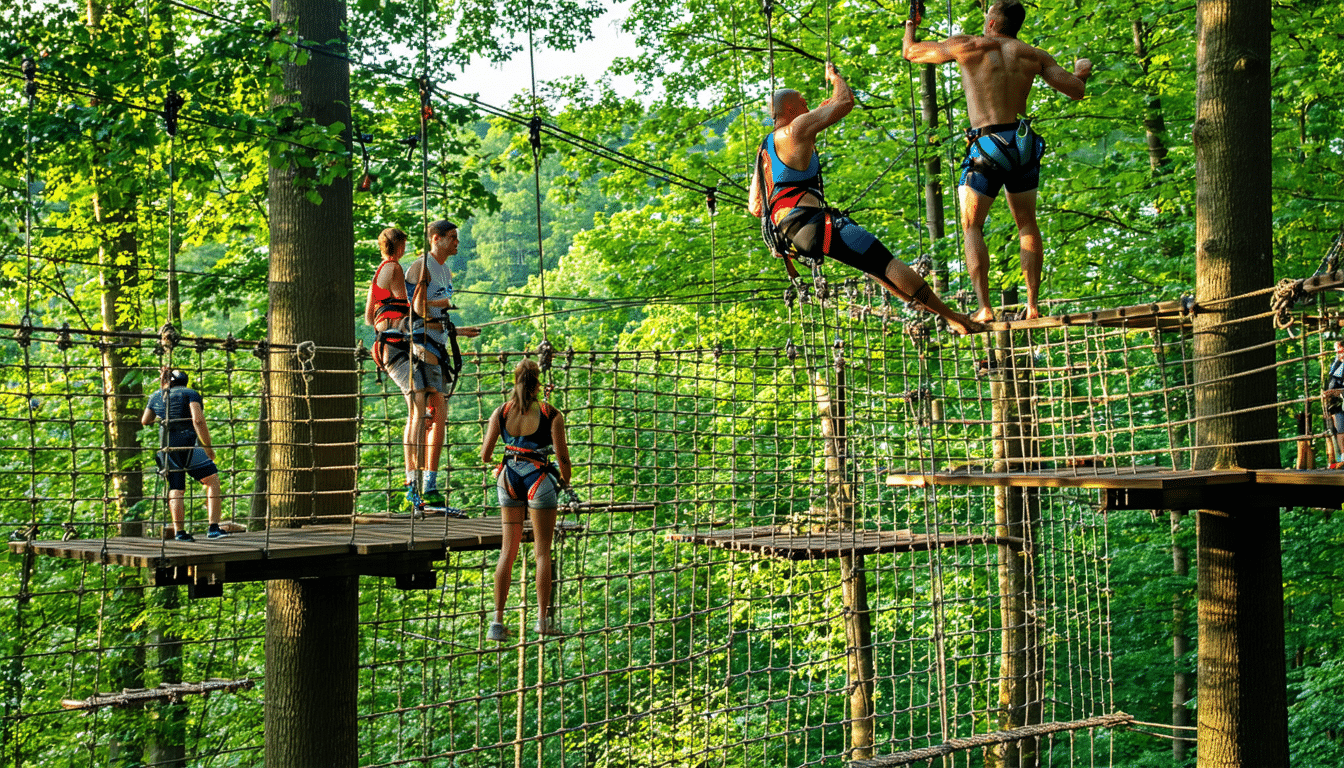 découvrez l'accrobranche extrême, une aventure qui remet en question les lois de la gravité ! vivez des sensations inédites en vous lançant sur des parcours acrobatiques audacieux et survoltés. prêts à relever le défi ?