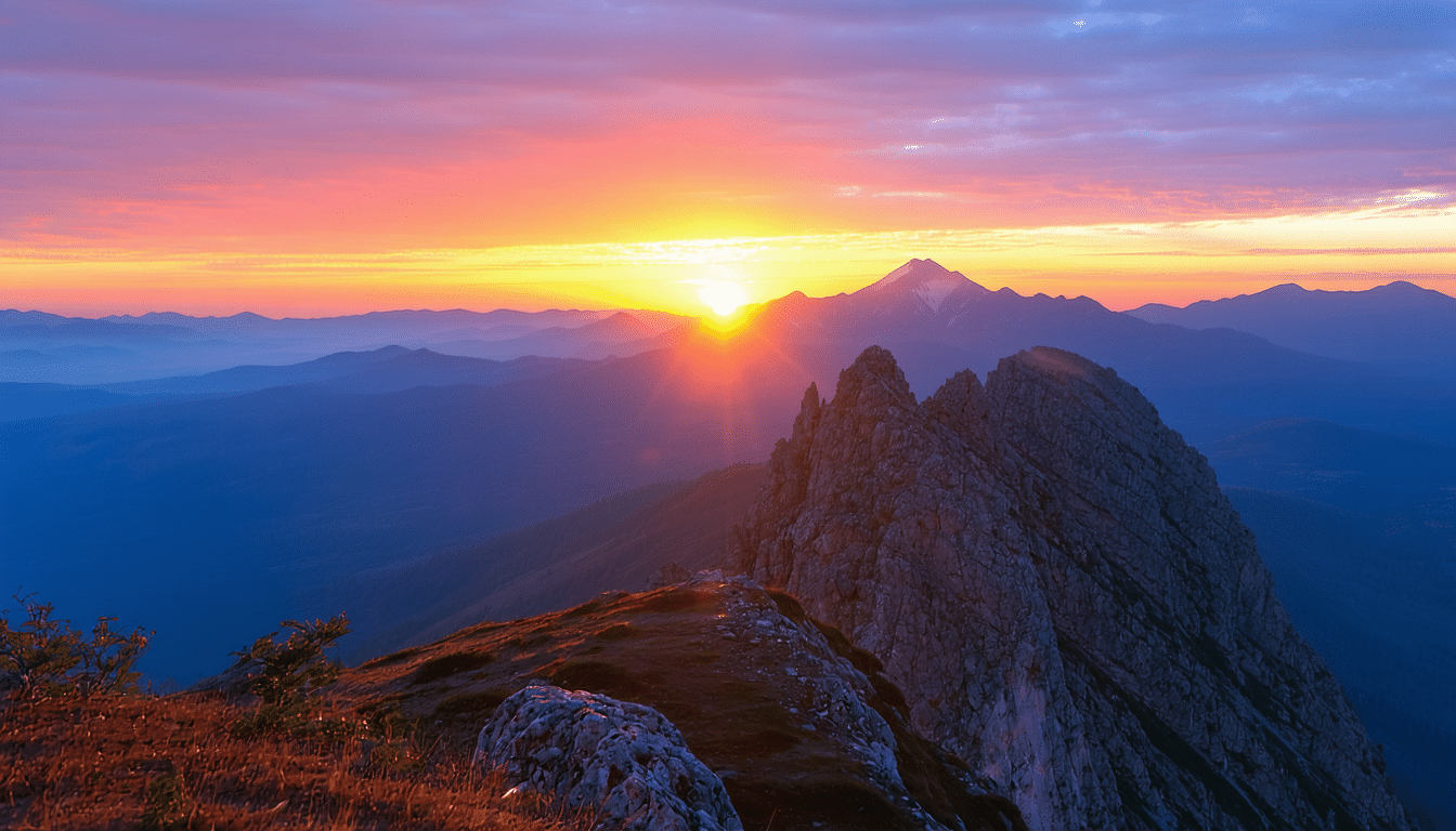 découvrez l'émerveillement d'un lever de soleil depuis un sommet isolé, où chaque rayon de lumière crée un spectacle fascinant. plongez dans ce moment hors du temps, fait de sérénité et de beauté, et laissez-vous inspirer par cette expérience inoubliable.